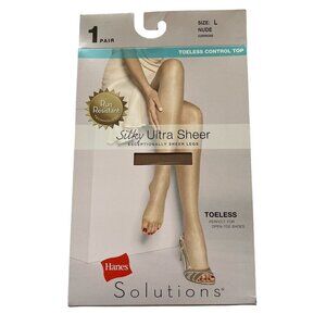 Hanes Solutions Silky Ultra Sheer Toeless Control Top Pantyhose Size L Nude